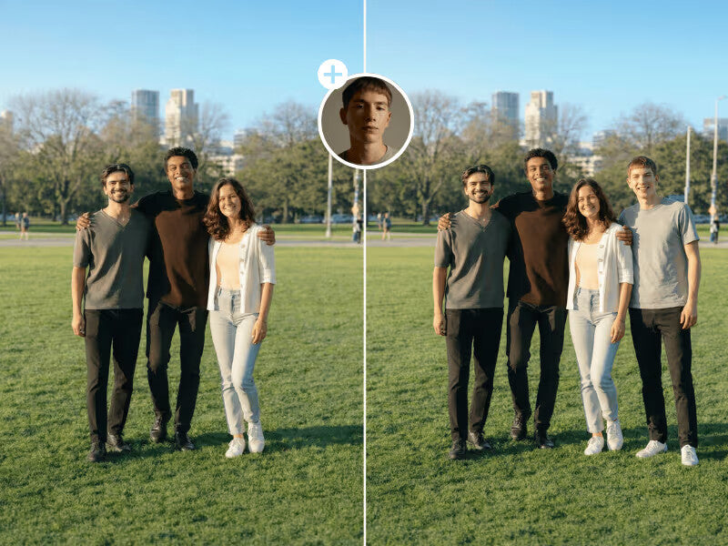 Add a deceased person naturally into an existing family photo