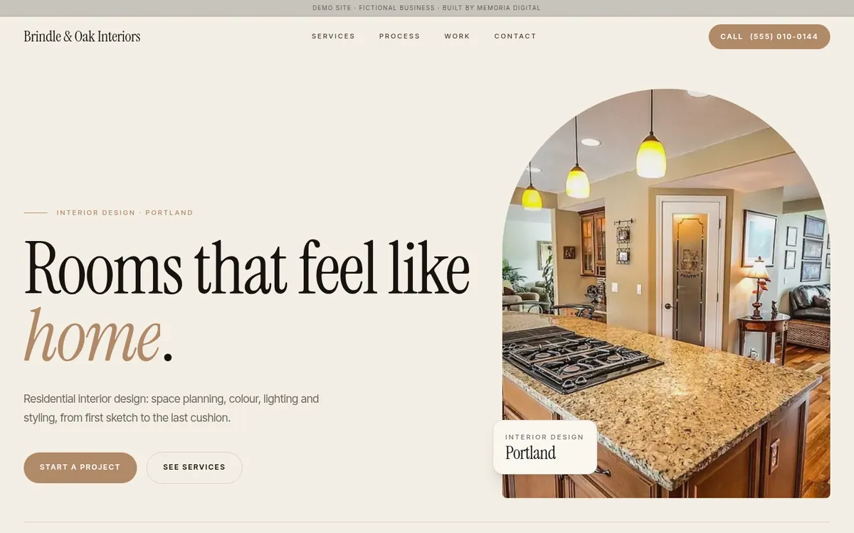Home section of the demo site for Brindle & Oak Interiors, interior design (fictional business)