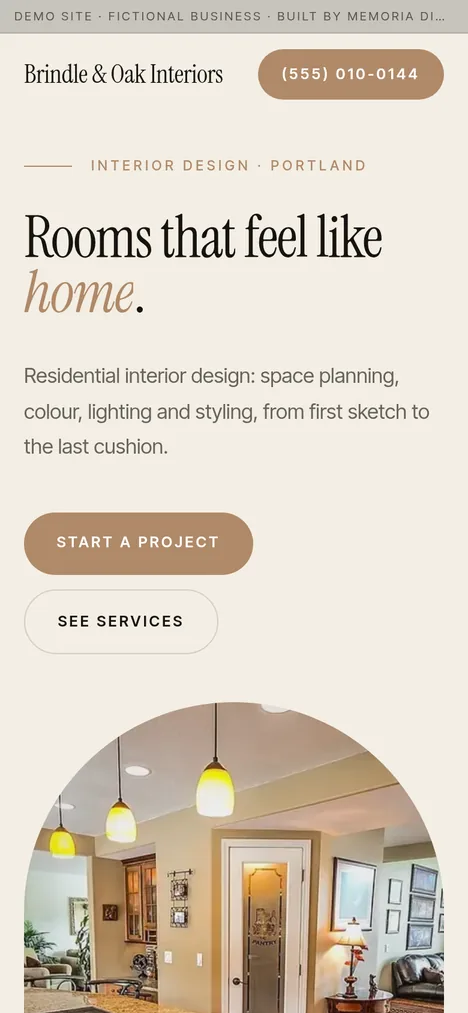 Phone layout of the interior design demo site for Brindle & Oak Interiors