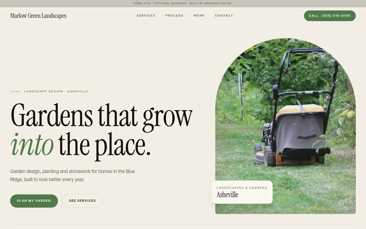 Home section of the demo site for Marlow Green Landscapes, landscaping (fictional business)