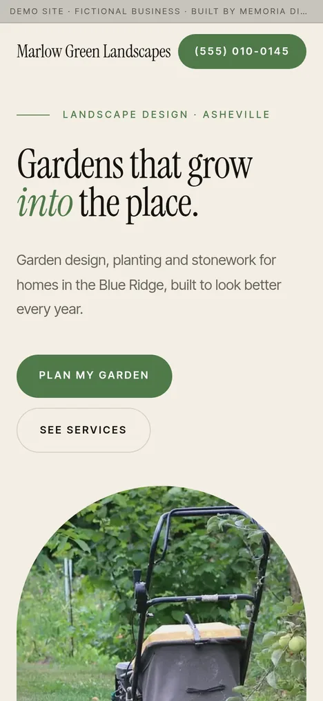 Phone layout of the landscaping demo site for Marlow Green Landscapes