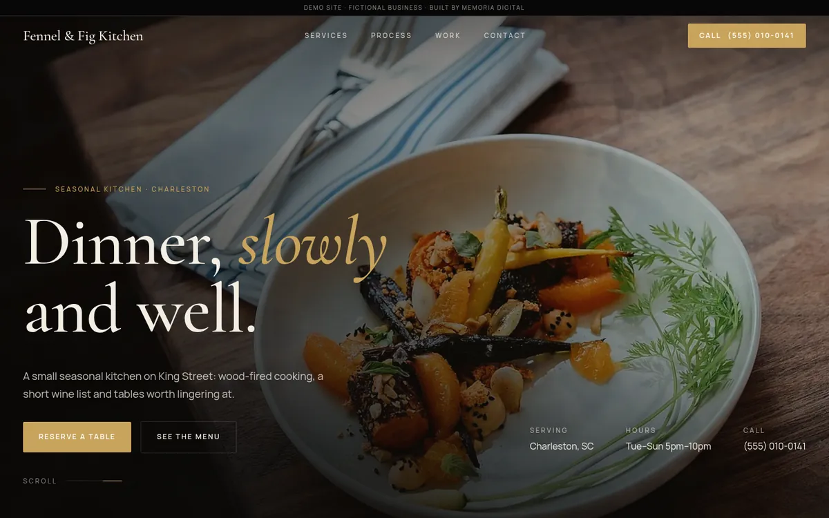 Home section of the demo site for Fennel & Fig Kitchen, restaurant (fictional business)