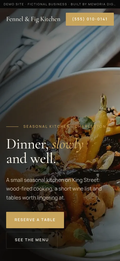 Phone layout of the restaurant demo site for Fennel & Fig Kitchen