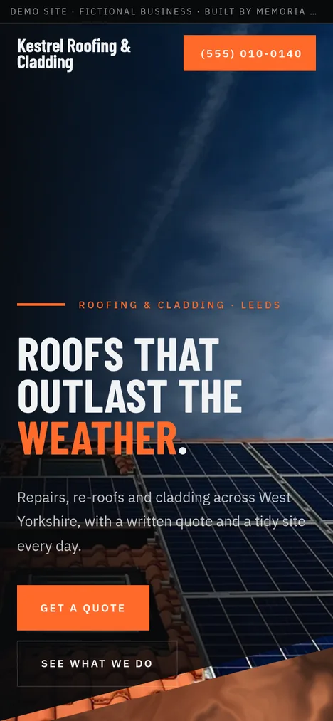 Phone layout of the roofing demo site for Kestrel Roofing & Cladding