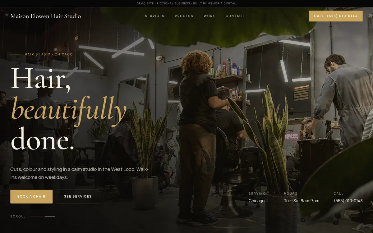 Home section of the demo site for Maison Elowen Hair Studio, hair salon (fictional business)