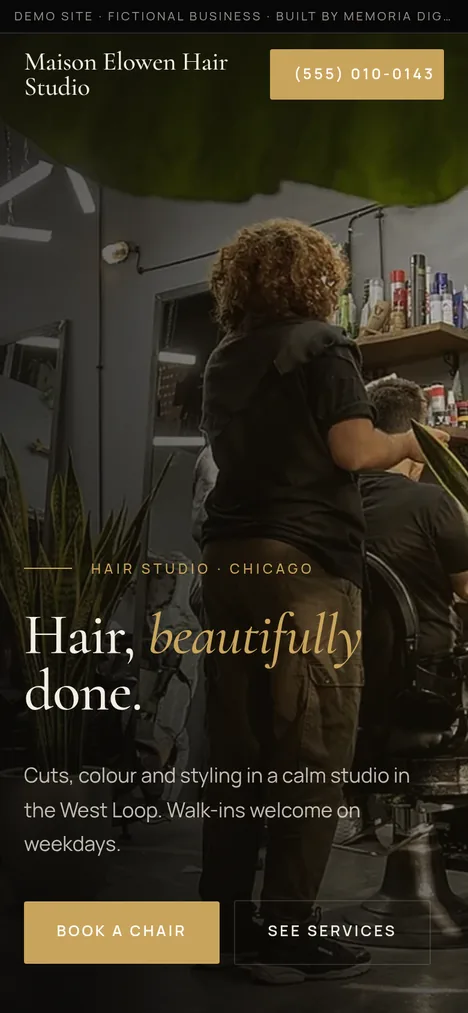 Phone layout of the hair salon demo site for Maison Elowen Hair Studio