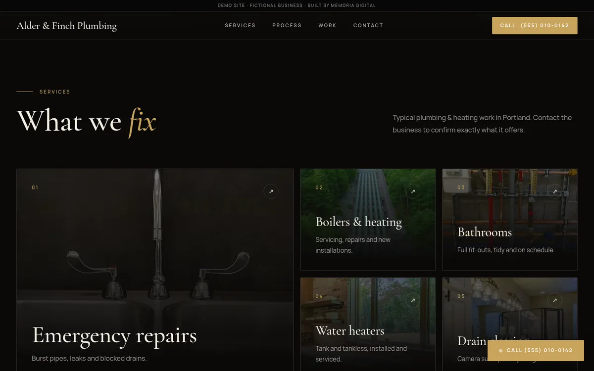 Concept preview: a services section with editorial type on a dark background
